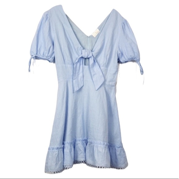 Lost & Wander Dress Women S Blue Ruffle Cocquette Tie Front New Midi - Picture 2 of 13